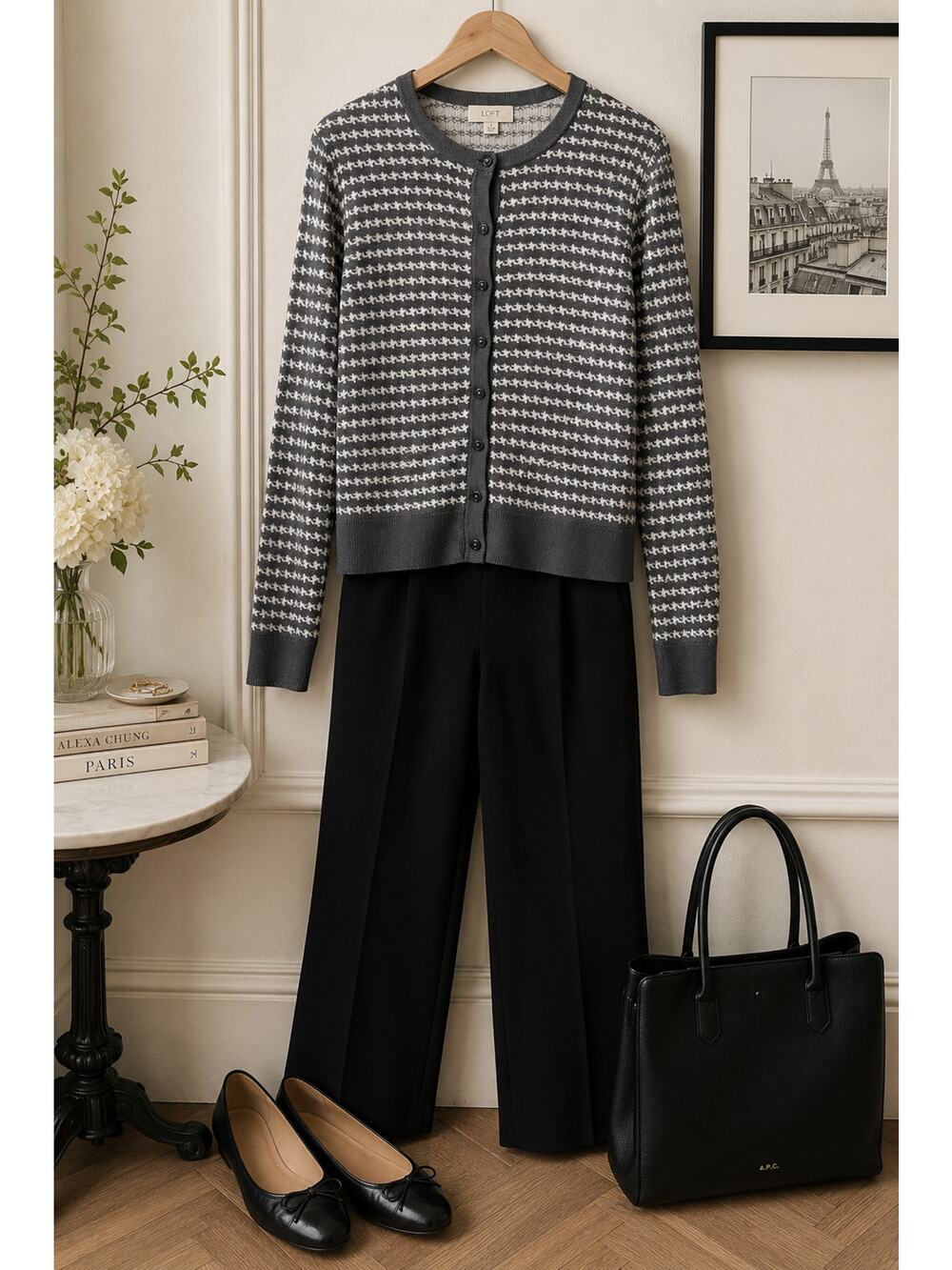 LOFT Gray & Ivory Houndstooth Cotton Cardigan Sweater Medium